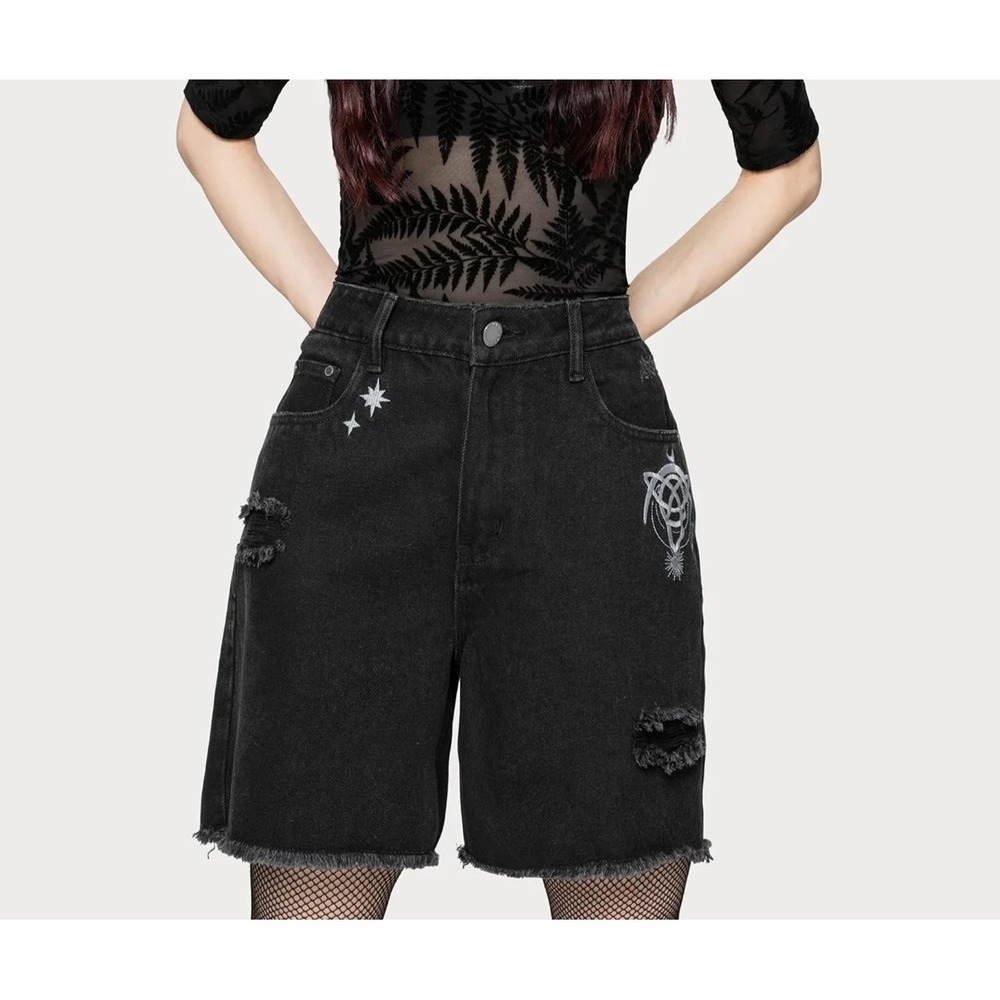 NWT Disturbia Reina Women's Embroidered Black Denim Shorts Size W34 High Waisted